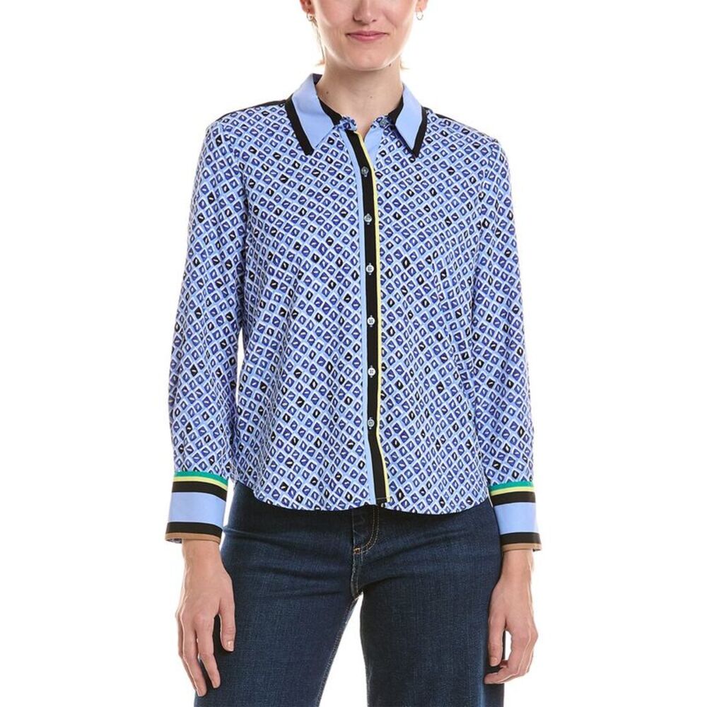 Nic & Zoe Womens  Petite Mosaic Trimmed Shirt, Blue
